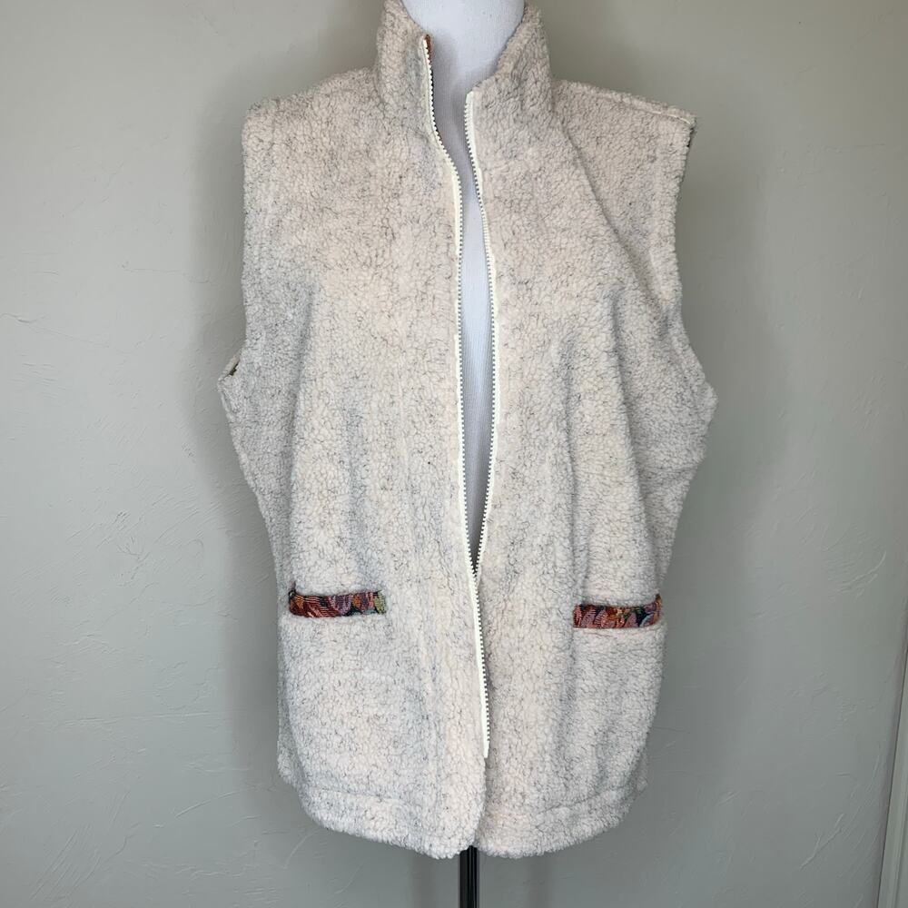 Orvis Fleece Vest Oatmeal Tapestry Trim Sz Large